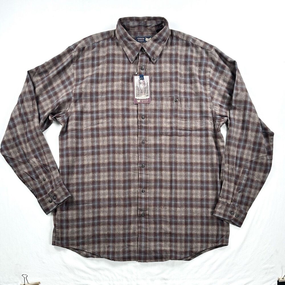 Arrow Long Sleeve Flannel Shirt Mens XL Tall XLT Brown Plaid Cotton Workwear